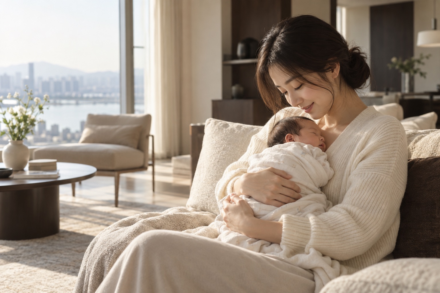 집에서 신생아를 다정하게 안고 있는 엄마